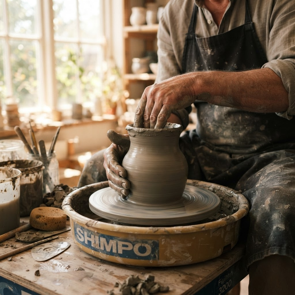 Mãos de artesã moldando uma peça de cimento no ateliê