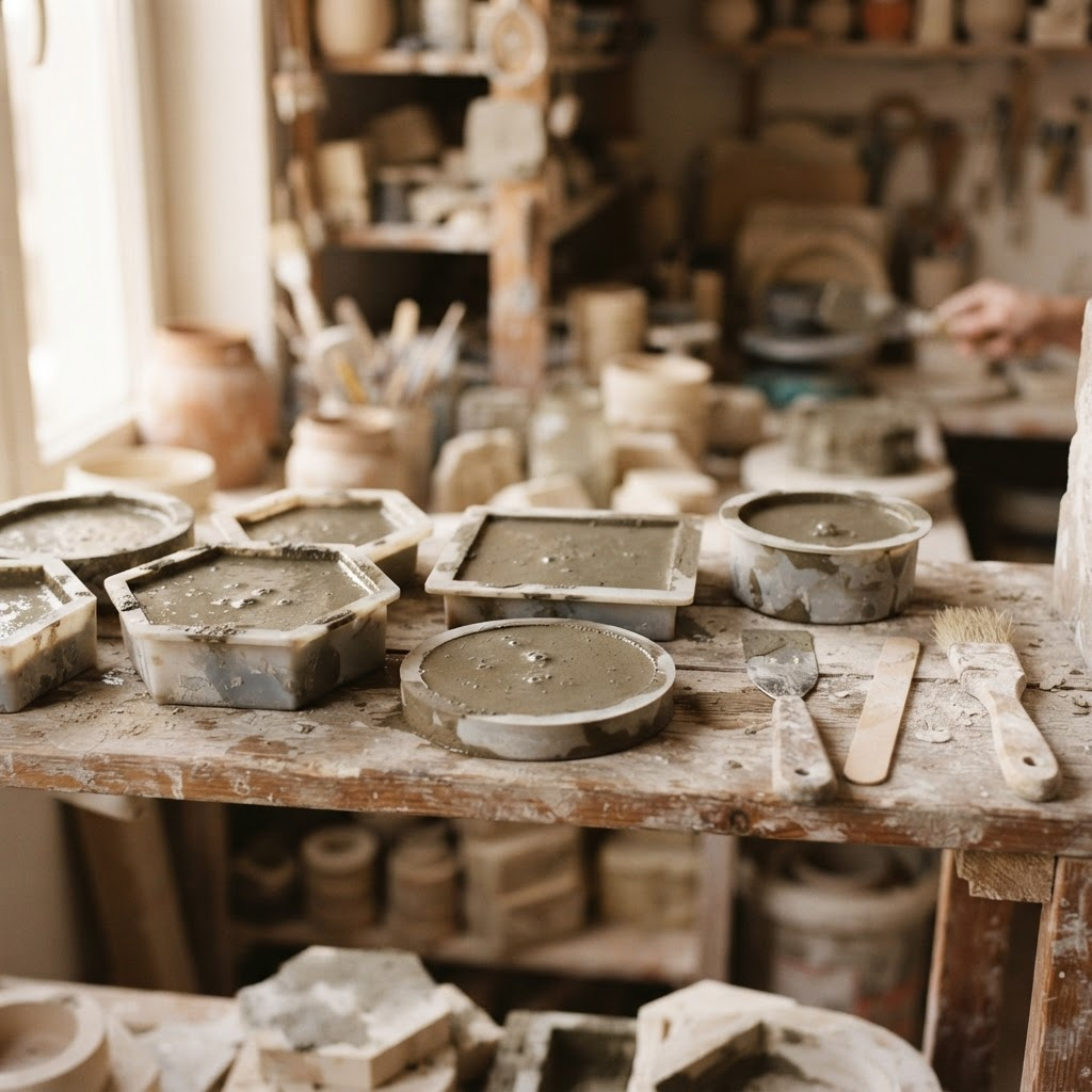 Moldes de silicone com cimento secando em uma estante